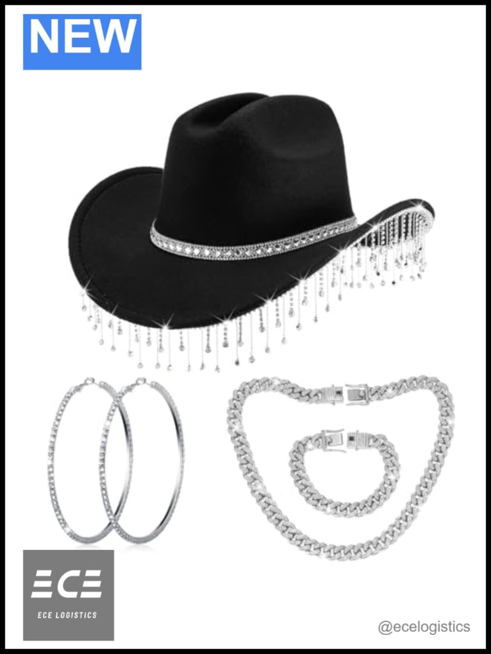 Hercicy Rhinestone Cowboy Hat Set Necklace Bracelet Earrings Cowgirl